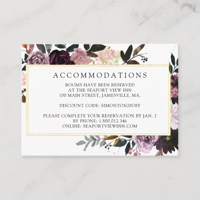Mauve Pink Purple Floral Wedding Accommodation Enclosure Card (Front)