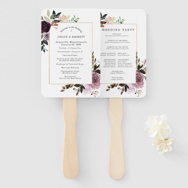 Mauve Pink Purple Floral Wedding Program Hand Fan (Front and Back)
