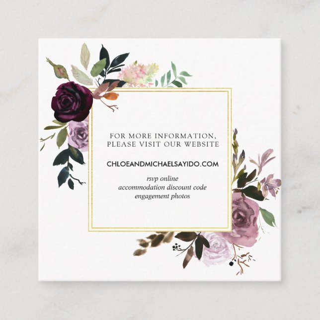 Mauve Pink Rose Floral and Purple Wedding Website Enclosure Card (Front)