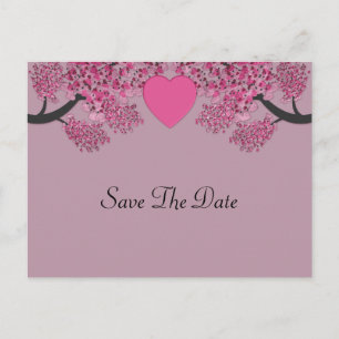 Mauve Pink Velvet Embossed Heart Trees Wedding Announcement Postcard