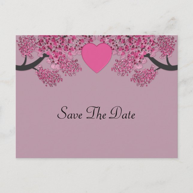 Mauve Pink Velvet Embossed Heart Trees Wedding Announcement Postcard (Front)