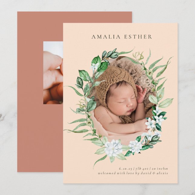 Mauve Pink Vertical Photo Baby Birth Announcement (Front/Back)