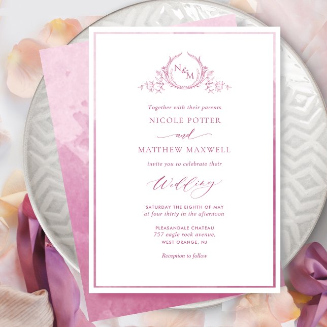 Mauve Pink Watercolor Elegant Monogram Wedding Invitation (Creator Uploaded)
