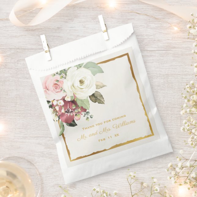 Mauve Pink White Florals Thank You Mr Mrs Wedding Favour Bags (Clipped)
