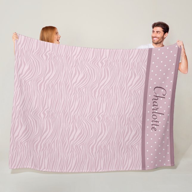 Mauve Pink Zebra Print & Polka Dots Fleece Blanket (In Situ)