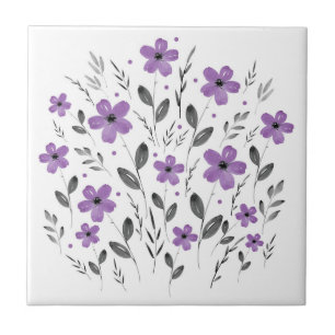 Mauve Plum Gray Watercolor Floral Motif Tile