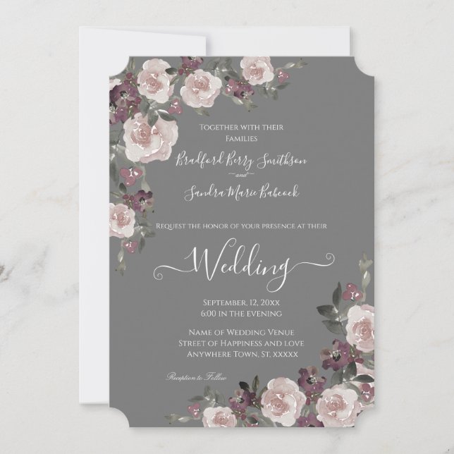 Mauve Plum on Grey Floral Wedding Invitation (Front)