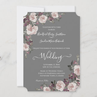 Mauve Plum on Grey Floral Wedding Invitation