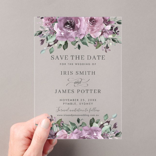 Mauve Plum Purple Floral Wedding Save the Date Acrylic Invitations (Insitu (Handheld))
