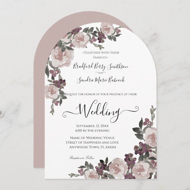 Mauve Plum Watercolor Floral Wedding Invitation (Front/Back)