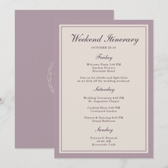 Mauve Plum Wedding Weekend Itinerary Card (Front/Back)