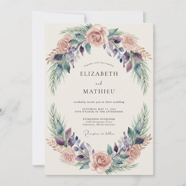 Mauve Plum Wreath Wedding Invitation (Front)