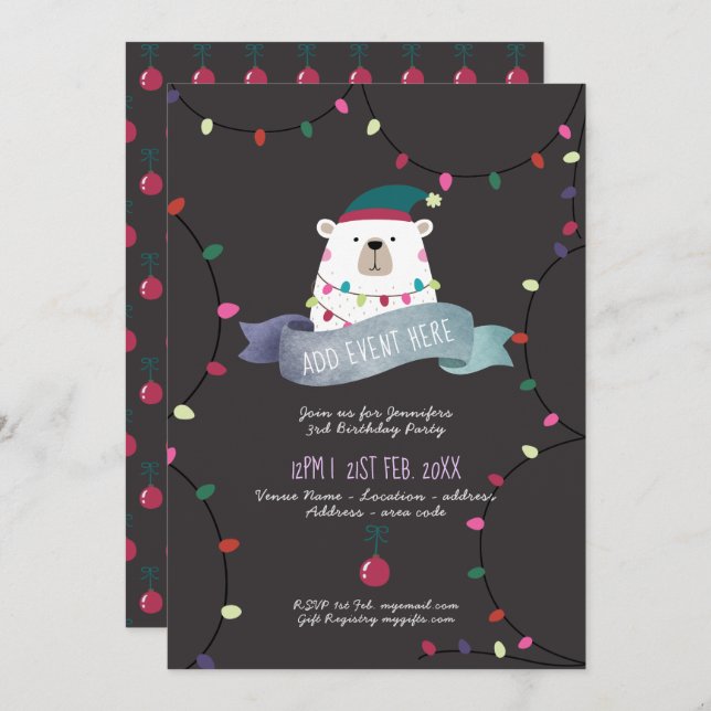 Mauve Polar Bear Christmas Invitation ANY EVENT (Front/Back)
