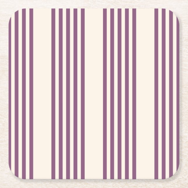 Mauve purple and beige five stripes pattern square paper coaster (Front)