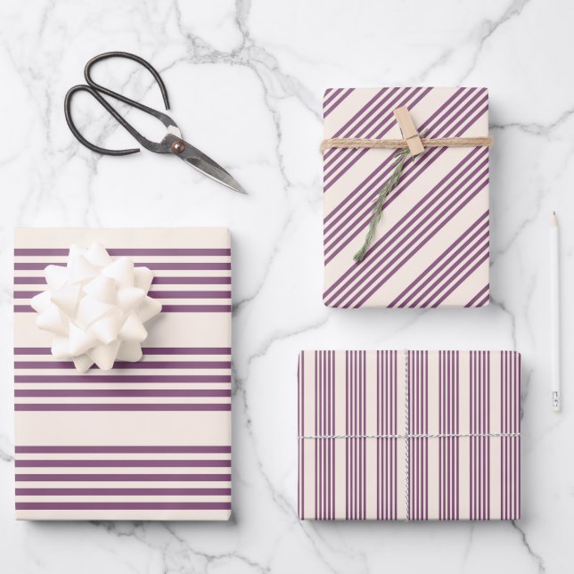 Mauve purple and beige five stripes pattern wrapping paper sheet (Front)