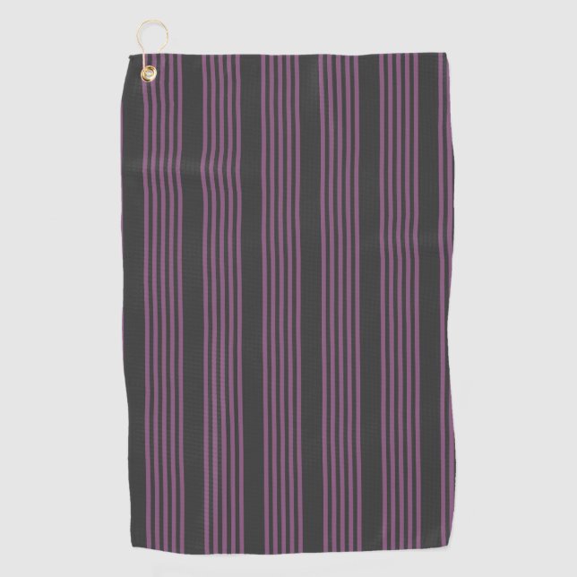 Mauve purple and charcoal five stripes pattern golf towel (Front)