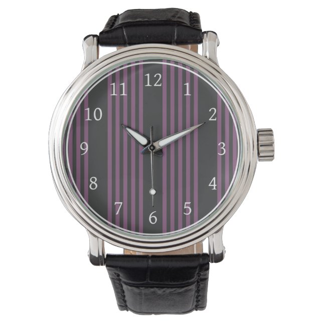 Mauve purple and charcoal five stripes pattern watch (Front)