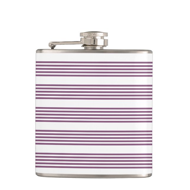 Mauve purple and white five stripes pattern hip flask (Front)