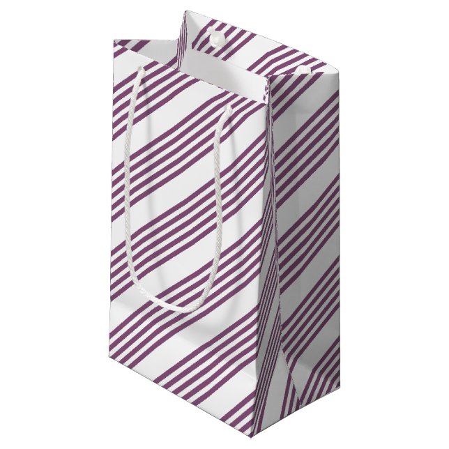 Mauve purple and white five stripes pattern small gift bag (Front Angled)