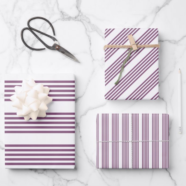 Mauve purple and white five stripes pattern wrapping paper sheet (Front)