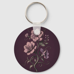 Mauve Purple Anemone Flower Dark Botanical Key Ring