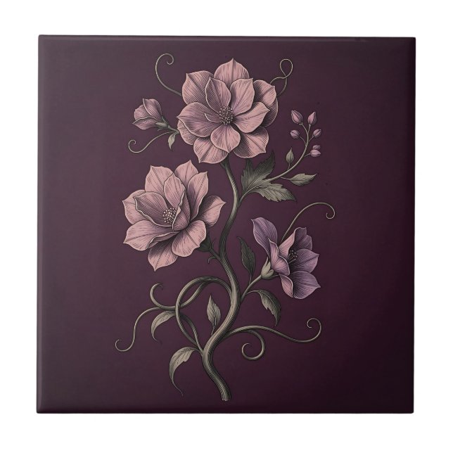 Mauve Purple Anemone Flower Dark Botanical  Tile (Front)