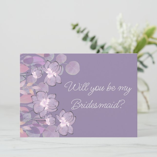 Mauve purple blush floral be bridesmaid proposal invitation (Standing Front)