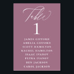 Mauve Purple Calligraphy Seating Chart Table Number<br><div class="desc">Elegant white calligraphy "table",  with guest names listed and table number,  wedding table number seating chart card. Background colour shown in mauve purple,  can be customised.</div>
