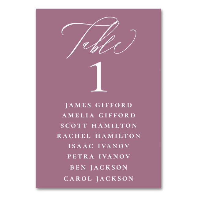 Mauve Purple Calligraphy Seating Chart Table Number (Front)