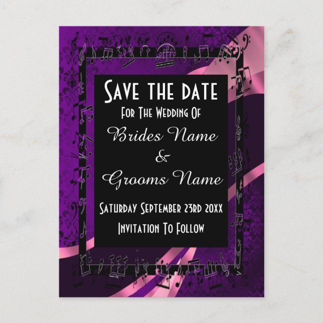 Mauve purple damask and black save the date announcement postcard (Front)