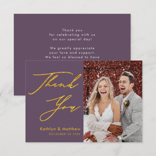 Mauve Purple Elegant Gold Script Modern Wedding Thank You Card (Front/Back)