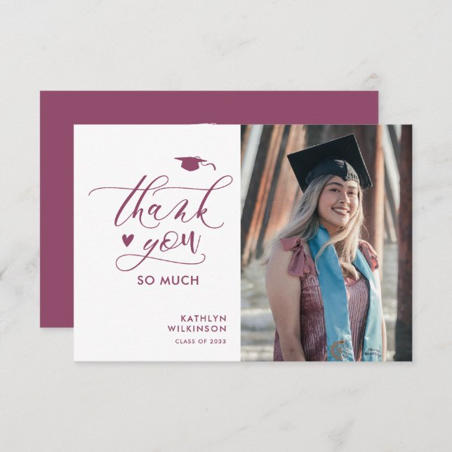 Mauve Purple Elegant Script Minimalist Graduation Thank You Card (Front/Back)