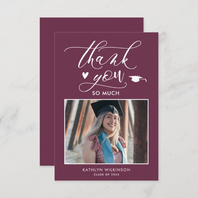 Mauve Purple Elegant Script Minimalist Graduation Thank You Card (Front/Back)