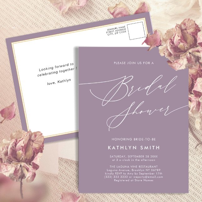 Mauve Purple Elegant Script Modern Bridal Shower Invitation Postcard (Creator Uploaded)