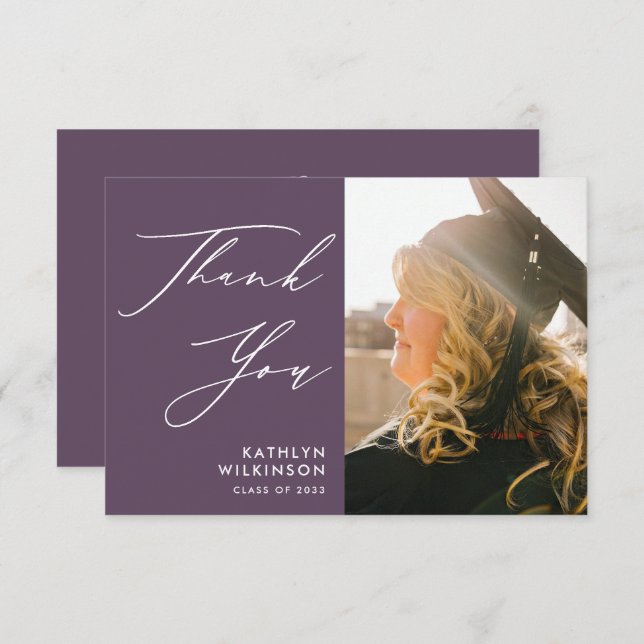Mauve Purple Elegant Script Photo Graduation Thank You Card (Front/Back)