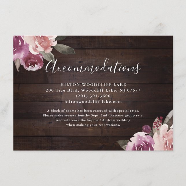 Mauve purple floral rustic wood accommodations enclosure card (Front)