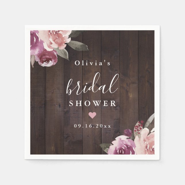 Mauve purple floral rustic wood bridal shower napkin (Front)