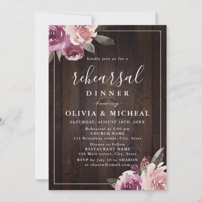 Mauve purple floral rustic wood rehearsal dinner invitation (Front)