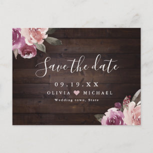 Mauve purple floral rustic wood save the date postcard