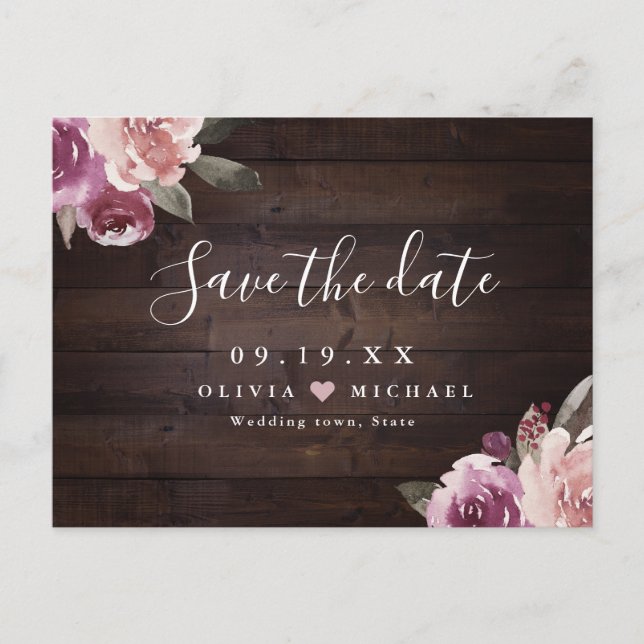 Mauve purple floral rustic wood save the date postcard (Front)