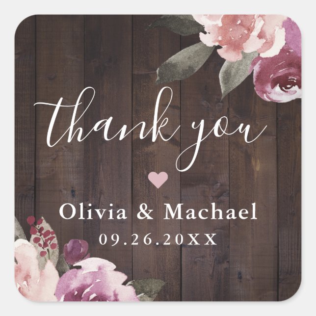 Mauve purple floral rustic wood thank you wedding square sticker (Front)