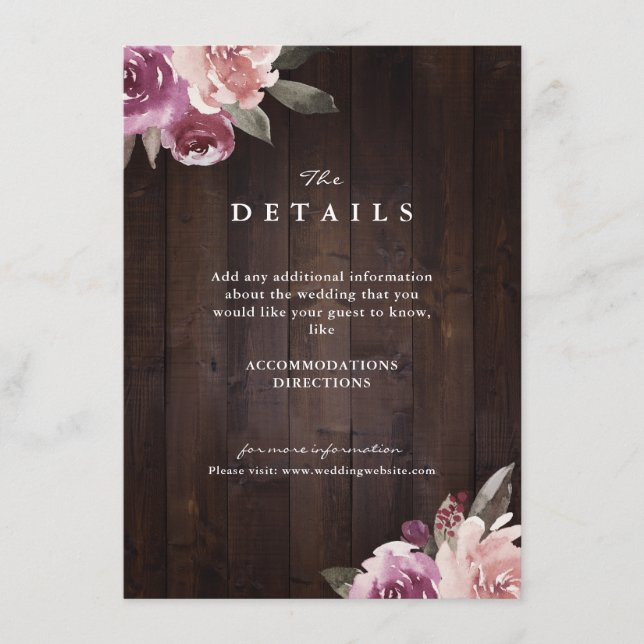 Mauve purple floral rustic wood wedding details enclosure card (Front)