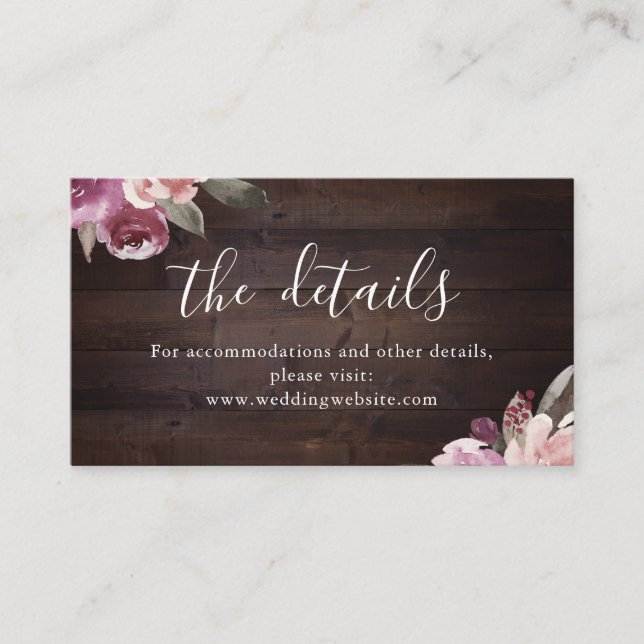 Mauve purple floral rustic wood wedding details place card (Front)
