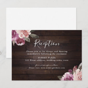 Mauve purple floral rustic wood wedding reception enclosure card