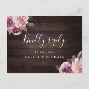 Mauve purple floral rustic wood wedding rsvp invitation postcard