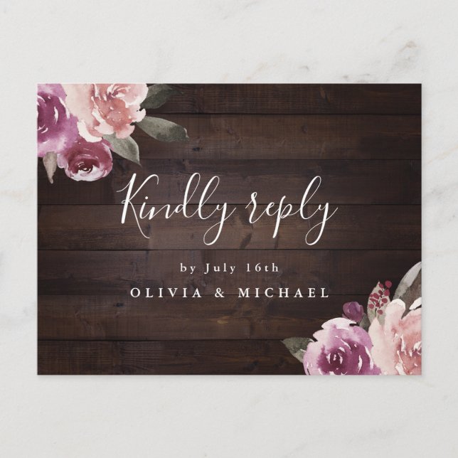Mauve purple floral rustic wood wedding rsvp invitation postcard (Front)