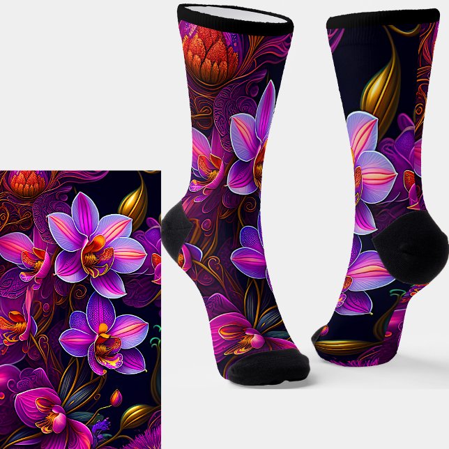 Mauve Purple Flowers with Gold on Black Socks (Creator Uploaded)