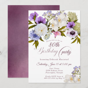 Mauve Purple Grandma's Garden 80th Invitation
