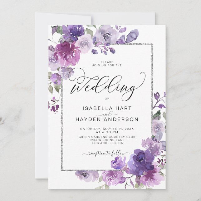 Mauve Purple Lilac Floral Silver FoilFrame Wedding Invitation (Front)