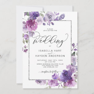 Mauve Purple Lilac Floral Silver FoilFrame Wedding Invitation